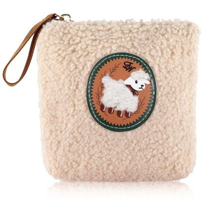 PLwelth Cute Sheep Coin Purse Adorable Plush Small Zipper Change Pouch with Keyring Kawaii Cartoon Animal Travel Wallet for Women Funny Mini Storage Bag for Coins Cards Keys Lipsticks Cosmetic Bags