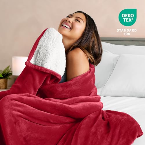 Bare Home Sherpa Fleece Blanket (Throw, Red) - color: 20 - Red, size: Throw/Travel
