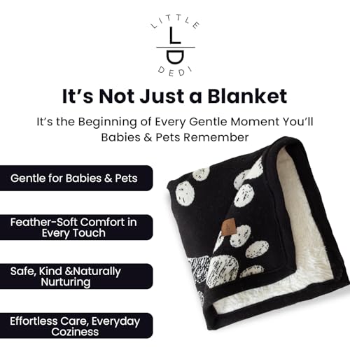 Organic Cotton Pet Blanket 30x40, Sherpa, Beige Jacquard Paw - color: Beige Paw/Black