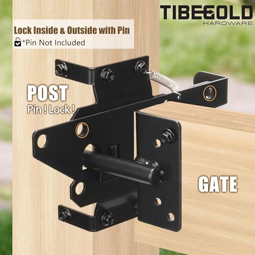 Self Locking Gate Latch for Outdoor Fence, Heavy Duty Post Mount Gravity Lever Fence Latch Hardware, Self-Closing Door Latch for Outdoor Garden, Metal Gates Vinyl Fence, Black Finish