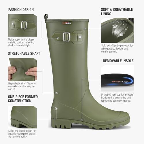 HISEA Women Rain Boots Slim Calf Tall Waterproof Tight PVC Rubber Rainboots - color: Olive Green-slim Calf, size: 9