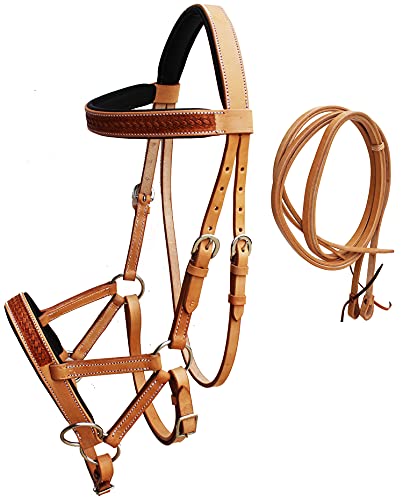 Horse Western English Leather Bitless Sidepull Bridle w/ Split Reins 77RS30 - color: Tan