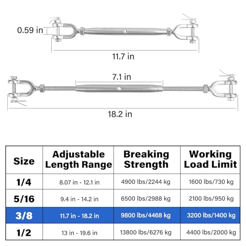 Turnbuckle, 2 Pack 3/8 (M10) 304 Stainless Steel Turnbuckle, 3,200 lb WLL - size: 3/8in （2pcs）