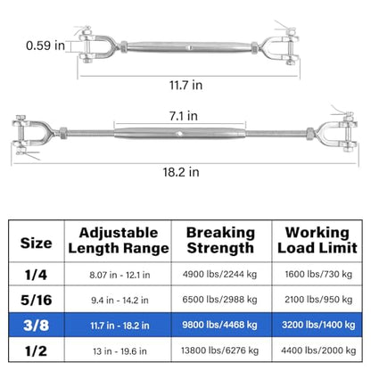 Turnbuckle, 2 Pack 3/8 (M10) 304 Stainless Steel Turnbuckle, 3,200 lb WLL - size: 3/8in （2pcs）