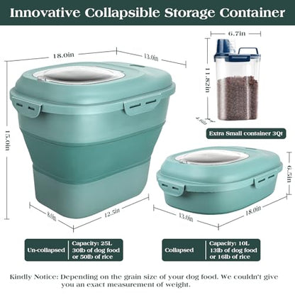 TIOVERY Dog Food Storage Container, Airtight Collapsible 13lb to 30lb Pet Food Container with Flip Top, Rolling Wheel, Scoop and 3L small container for Dog Cat Food and Dry Food of Rice, Flour - color: Green