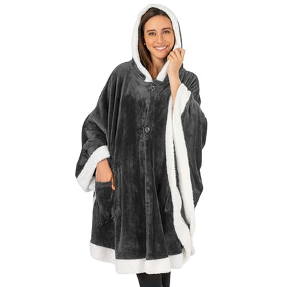 PAVILIA Hooded Blanket Poncho for Women, Fleece Wearable Shawl Wrap, Grey | Fleece Shawl Wrap with Hood, Adult Wearable Blanket, Cozy Warm Poncho Cape Throw with Pockets, Gift for Elderly Mom - color: Grey