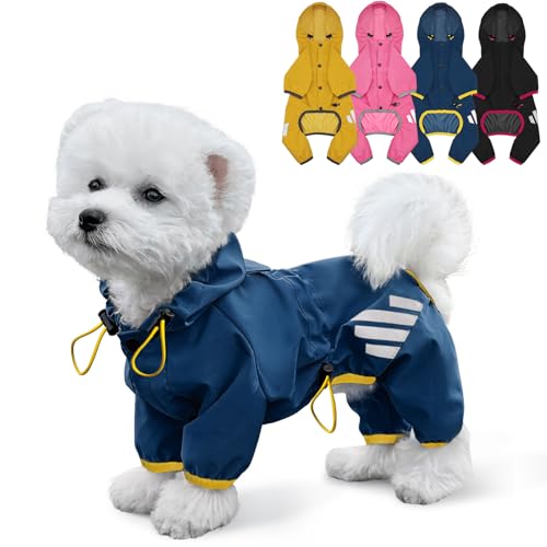 Dog Raincoat, Waterproof Dog Rain Jacket with Hood, Rain Coat with Leash Hole, Reflective Strap for Small Medium Dogs, Lightweight Puppy Clothes(Blue,M) - color: Blue, size: M(Back Length13.4'')