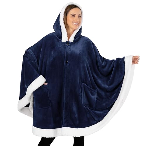 PAVILIA Hooded Blanket Poncho for Women, Fleece Wearable Shawl Wrap, Blue | Fleece Shawl Wrap with Hood, Adult Wearable Blanket, Cozy Warm Poncho Cape Throw with Pockets, Gift for Elderly Mom - color: Navy