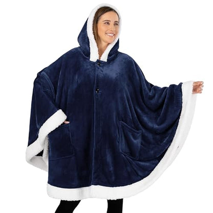 PAVILIA Hooded Blanket Poncho for Women, Fleece Wearable Shawl Wrap, Blue | Fleece Shawl Wrap with Hood, Adult Wearable Blanket, Cozy Warm Poncho Cape Throw with Pockets, Gift for Elderly Mom - color: Navy