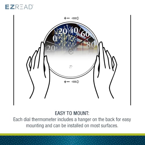 EZREAD Hanging Dial Thermometer 840-1232 Weather Thermometers for Indoor and Outdoor Use, Large 12.5 Inch Diameter, Easy to Read Numbers, American Flag on Barn - color: USA Barn