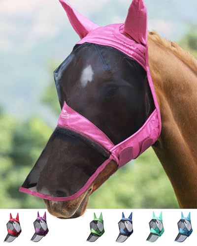 Harrison Howard CareMaster Pro Luminous Horse Fly Mask Large Eye Space Long Nose with Ears UV Protection for Horse Light Pink Full Size - color: Light Pink, size: Large (Horse)