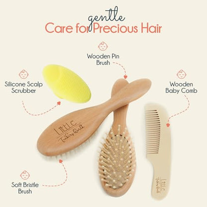 Little Tinkers World Wooden Baby Hair Brush and Comb Set, 4-Piece | Natural Wooden Set with Soft Goat Hair Bristle Brush, Beech Wood Massage Brush, Maple Wood Comb & Soft Silicone Scalp Brush