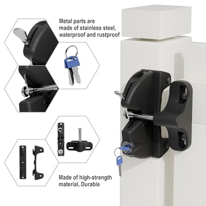 Self Locking gate Latch, Lockable Latch Key, Fence Lock Suitable for Outdoor Gates. Locking gate Latch Fence Hardware Suitable for Metal, Wood, and Vinyl Fences. Black Finish