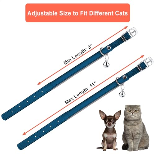 OOPSDOGGY Rolled Leather Cat Collar with Bell, Reflective Kitten Collars with Buckle Include Safety Elastic Strap - Adjustable Small Pet Collars for Boy Girl Cats (Blue) - color: Blue
