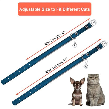 OOPSDOGGY Rolled Leather Cat Collar with Bell, Reflective Kitten Collars with Buckle Include Safety Elastic Strap - Adjustable Small Pet Collars for Boy Girl Cats (Blue) - color: Blue