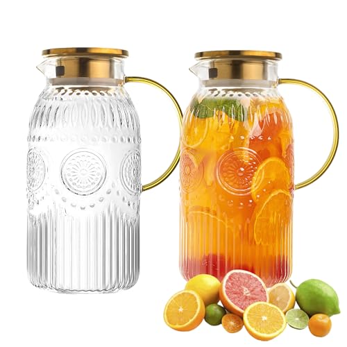 Amzcku Glass Pitcher with Lid 68oz 2L Vintage Water Carafe Beverage 2Pack - size: 68 Ounces (2 Pack)