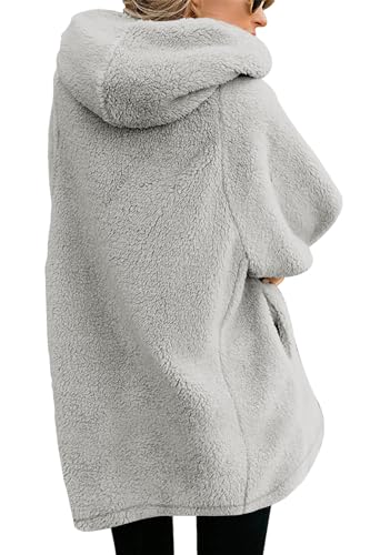 ReachMe Womens Fleece Zip Up Jacket with Pockets Oversized Long Sherpa Hoodie Fuzzy Jackets Warm Teddy Coat - color: 02 Light Grey, size: X-Large