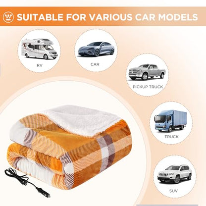 Westinghouse Heated Car Throw, Machine Washable, 59x43 Orange Buffalo Plaid - color: Orange Plaid
