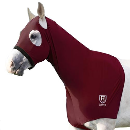 Harrison Howard Stretch Hood No Eye/Ear Covers Head, Shoulders, Mane, Chest, Withers Perfect for Show/Event Preparation-Burgundy M - color: Burgundy, size: Cob (Medium)