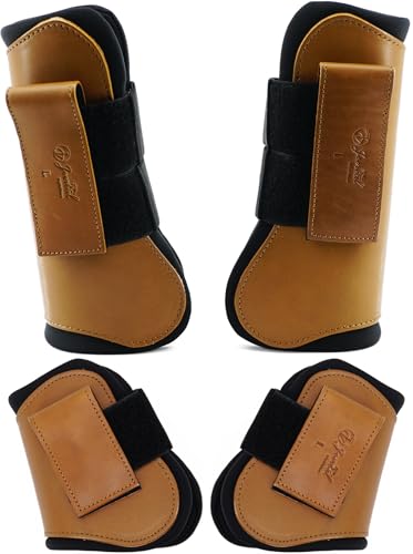 Jeereal Horse Tendon Brushing Boots Open Front & Fetlock Boot | Protective Gear and Training Equipment |Neoprene,Breathable Waterproof Fabric and Genuine Leather | 4 Set - color: Brown, size: Cob (Medium)
