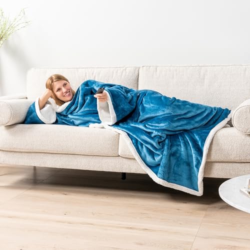 PAVILIA Sherpa Wearable Blanket with Sleeves and Pocket, Plush Thick Cozy Body Blanket Wrap for Adult Women Men, Christmas Gift for Wife Mom, Teal Blue - color: Sea Blue
