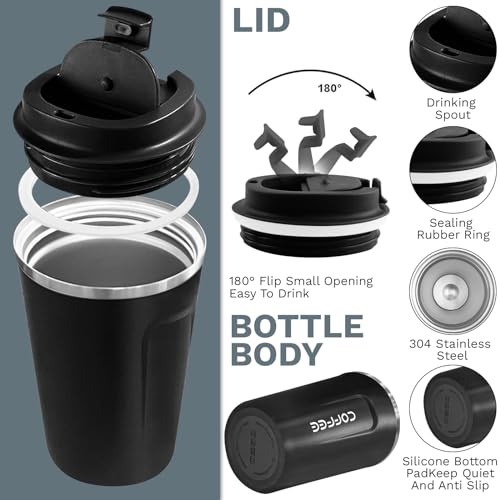 Insulated Travel Coffee Mug, Stainless Steel Coffee Cup with Leakproof Lid - color: 2nd-Black, size: 12 Ounces