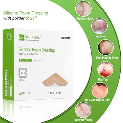 NeuHeils Silicone Foam Dressing with Border 6"x6", 10 Pack for Bed Sores - size: 6''x6'' (Pack of 10)