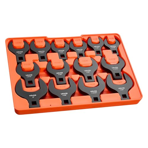 VEVOR Crowfoot Wrench Set, 1/2" Drive, 14-Piece SAE 1-1/16" to 2" Crows Foot Wrenches, with Storage Tray, Dual Size Markings on Tools and Tray, for Auto Maintenance or Repairs - size: 1/2" 14 PCS Black
