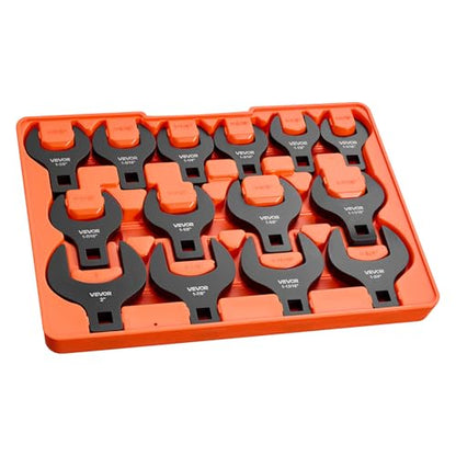 VEVOR Crowfoot Wrench Set, 1/2" Drive, 14-Piece SAE 1-1/16" to 2" Crows Foot Wrenches, with Storage Tray, Dual Size Markings on Tools and Tray, for Auto Maintenance or Repairs - size: 1/2" 14 PCS Black