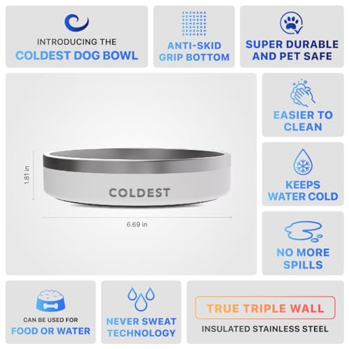 Coldest Dog Bowl - Anti Rust Metal, Non Slip, 3 Layers Insulated Stainless Steel Dog Bowls - Spill Proof & Heavy Duty - Water Bowl for Dogs, Cats & Pets, Dish Washer Safe (21 oz, Epic White) - color: Epic White, size: 21 oz