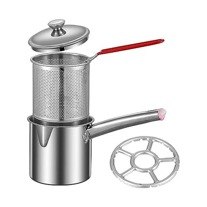 Stainless Steel Deep Fryer Pot Small Deep Fryer Pot Multifunction with Strainer Basket Butter Warmer Pot Milk Pan for Home Restaurant, Burner Rack 1.2L