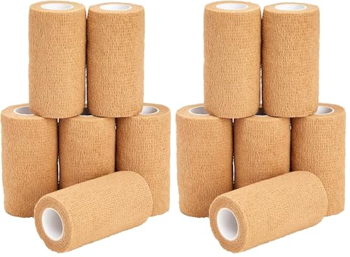 Juvale Bandage Wrap - 4 in x 5 yd, Tan, 6 Rolls - Self Adherent Cohesive Tape & Elastic Support - Breathable Vet Wrap & Medical Tape for Sports & Tattoo (Pack of 2) - size: 4" x 5 Yards (Pack of 2)