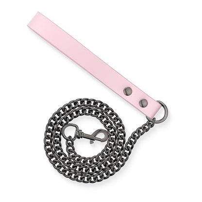 38" Aluminum Chain Leash with Leather Handle for Collar - color: Pink&Black