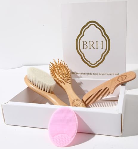 BRH 4 Piece Wooden Baby Hair Brush and Comb Set, Wooden Baby Care Kit with Soft Goat Bristle Brush,Baby Massage Brush, Baby Essentials Girl –Baby Hair Care Set for Newborn boy & Girls
