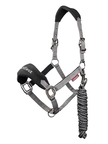 LeMieux Vogue Fleece Headcollar - Halter & Leadrope - Extra Padding, Adjustable at Curb and Poll Strap - color: Black / Grey, size: cob
