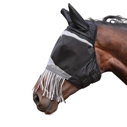 Shires FlyGuard Pro Fine Mesh Fly Mask with UV Protection Jet/Cob/Ears and Nose Fringe - color: Jet, size: Cob