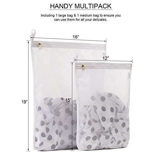 TENRAI Delicates Laundry Bags, Bra Fine Mesh Wash Bag for Underwear, Lingerie, Bra, Pantyhose, Socks, Use YKK Zipper, Have Hanger Loops (White, 1 Large & 1 Medium)