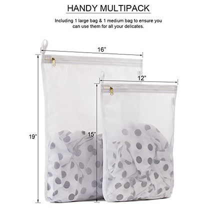 TENRAI Delicates Laundry Bags, Bra Fine Mesh Wash Bag for Underwear, Lingerie, Bra, Pantyhose, Socks, Use YKK Zipper, Have Hanger Loops (White, 1 Large & 1 Medium)