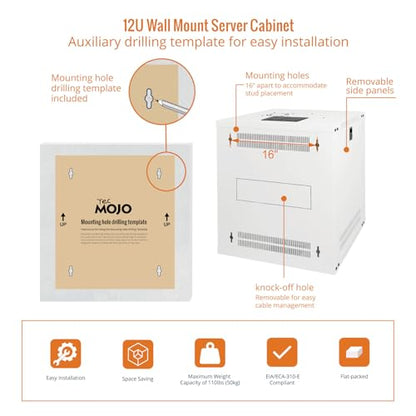 Tecmojo 12U Wall Mount Rack Network Cabinet for 19" IT Equipment,with Lockable Glass Door and Side Panels,Cooling Fan,17.7inch Depth,White - size: 12U/Glass Door/White