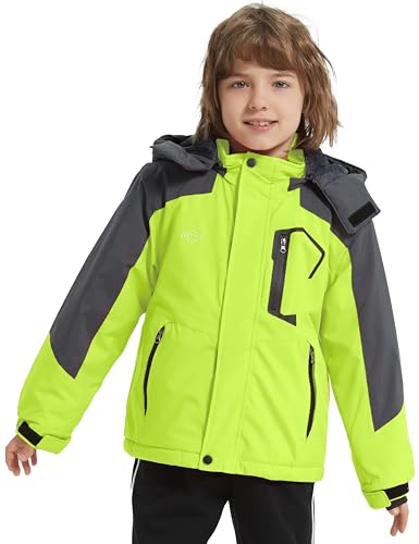 Wantdo Boy's Waterproof Ski Jacket Fleece Snowboarding Jackets Warm Thick Winter Coat Hooded Raincoats - color: Fluorescent Green, size: 10-12