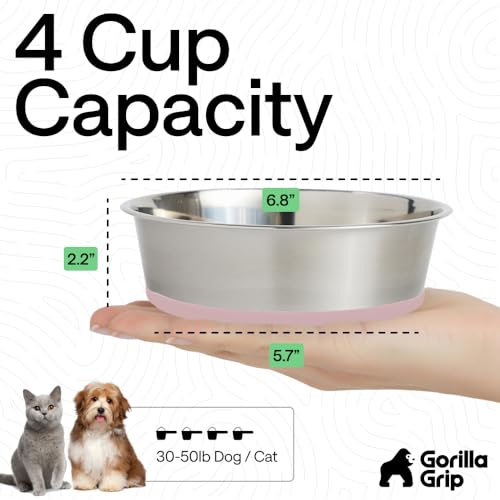 GORILLA GRIP Dog Bowls, Food Grade Stainless Steel, Set of 2, 4 Cup, Pink | 304 Stainless Steel Pet Feeding Bowls Hold 32 fl oz Each, Dishwasher Safe, Rust Resistant, BPA Free Rubber Base - color: Light Pink, size: 4 Cup (32 Oz)