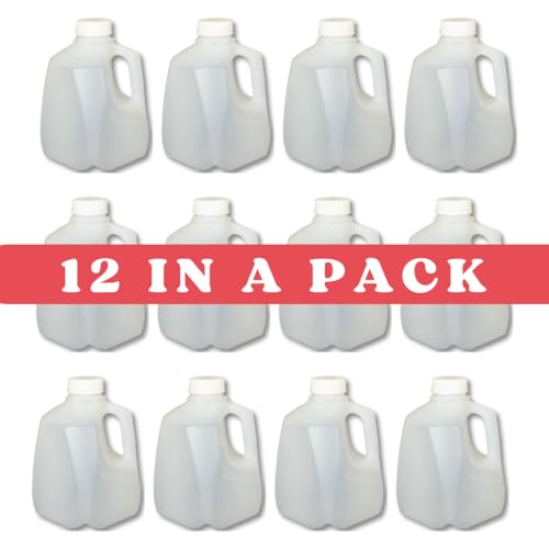 12 Pack – Mini Milk Jugs with Lids – Squat Plastic Milk Storage Containers Hold 1 Quart / 32 Ounces of Juice, Water, Milk, or Tea