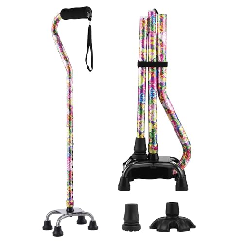 Floral Quad Cane for Women, Adjustable Walking Canes with 3-in-1 Interchangeable Base(3 Tips) for Versatile Support, Stylish & Stable Mobility Aid for Seniors Confidence - color: Pink Flower