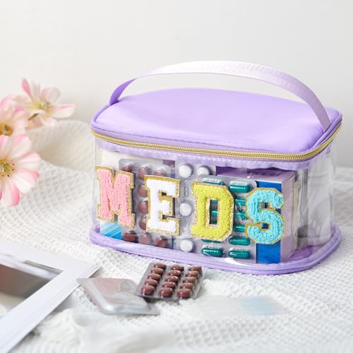Geetery Chenille Letter Bag, Meds Cheer Travel Cases Cheerleader Gifts Cosmetic Bag Nylon Makeup Portable Preppy Patch with Zipper Toiletry Storage Case for Women(Purple,Meds) - color: Purple, style: Meds