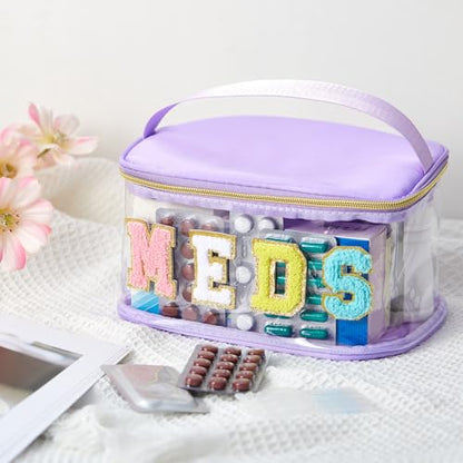 Geetery Chenille Letter Bag, Meds Cheer Travel Cases Cheerleader Gifts Cosmetic Bag Nylon Makeup Portable Preppy Patch with Zipper Toiletry Storage Case for Women(Purple,Meds) - color: Purple, style: Meds