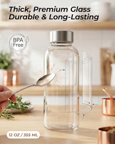 Zukro Glass Water Bottles with Stainless Steel Lids 12 oz, Set of 12 | Airtight, BPA Free 100% Leak Proof Reusable Clear Juice Bottles for Juicing, Smoothie, Milk, Drinking Jar Dishwasher Safe