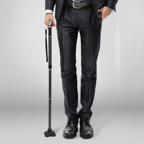 BeneCane Walking Cane for Women Folding Cane for Men with Two Led Lights Quad Cane with Stable Base Lightweight and Adjustable Walking Stick - color: Carved Black