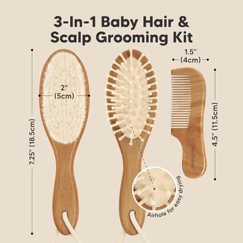 Keababies Baby Hair Brush and Comb Set and Baby Washcloths - Wooden Brush with Soft Goat Bristle - Towels and Washcloths for Newborns, Infants, Kids