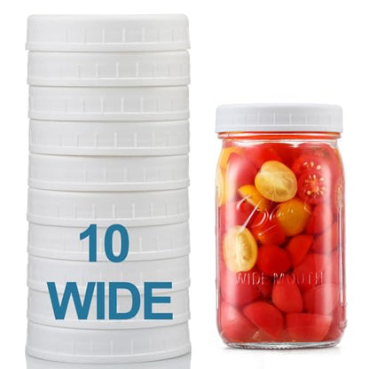 AOZITA [10 Pack] WIDE Mouth Mason Jar Lids for Ball, Kerr and More - White Plastic Storage Caps for Mason/Canning Jars - Leak-Proof, Dishwasher Safe & Food Grade - size: 10 Wide Mouth