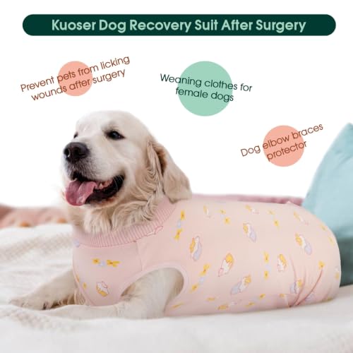 Kuoser Dog Recovery Suit with Anti Licking Rear Leg Sleeve, PinkCake M - color: PinkCake, size: Medium (Back Length: 34cm / 13.38")